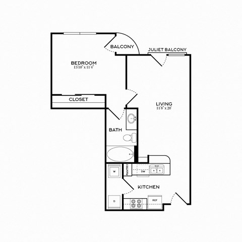 Floor plan for 1 bed, 1 bath, 594 sqft